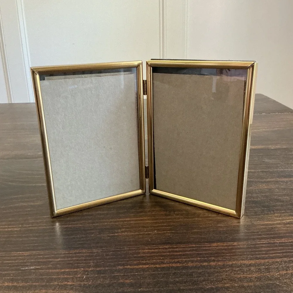 Burnes of Boston Gold Metal Double Folding‎ 5x7 Picture Frame Hinged Tabletop